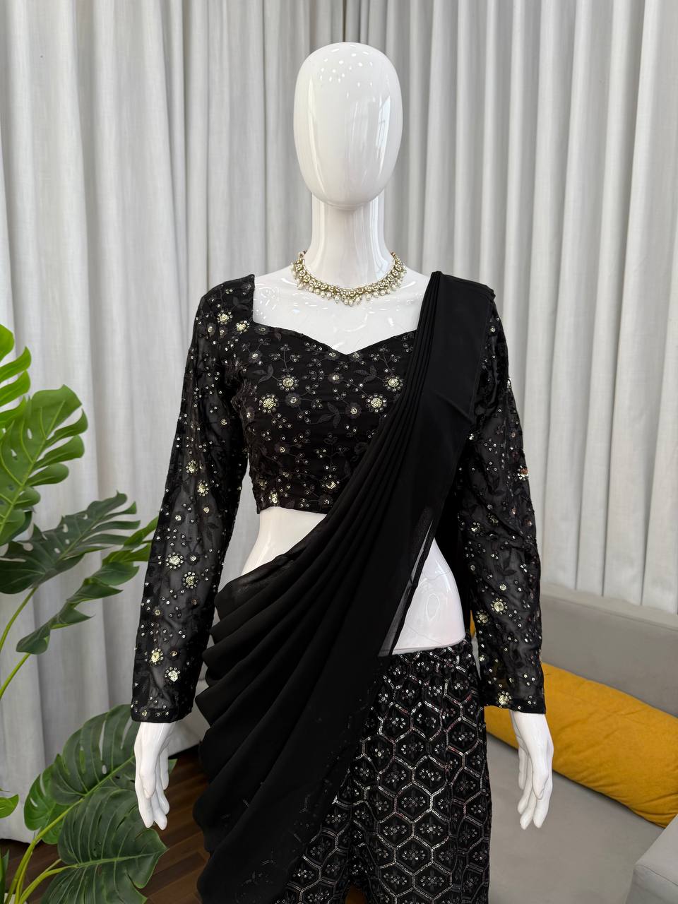 Sangeet Wear Black Color Faux Georgette Sequence Embroidered Work Top With Sharara