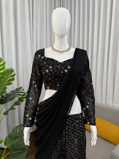 Sangeet Wear Black Color Faux Georgette Sequence Embroidered Work Top With Sharara