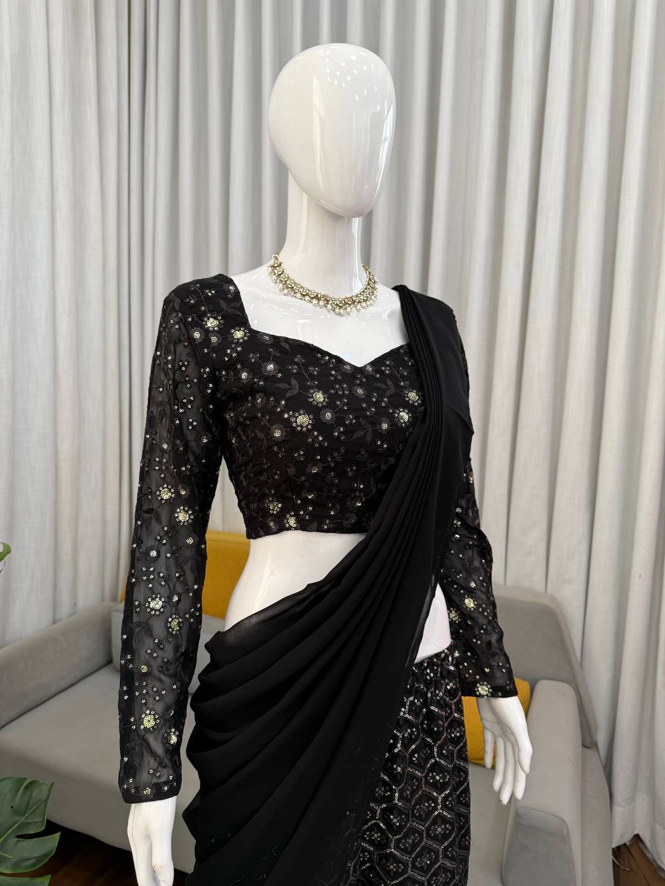 Sangeet Wear Black Color Faux Georgette Sequence Embroidered Work Top With Sharara