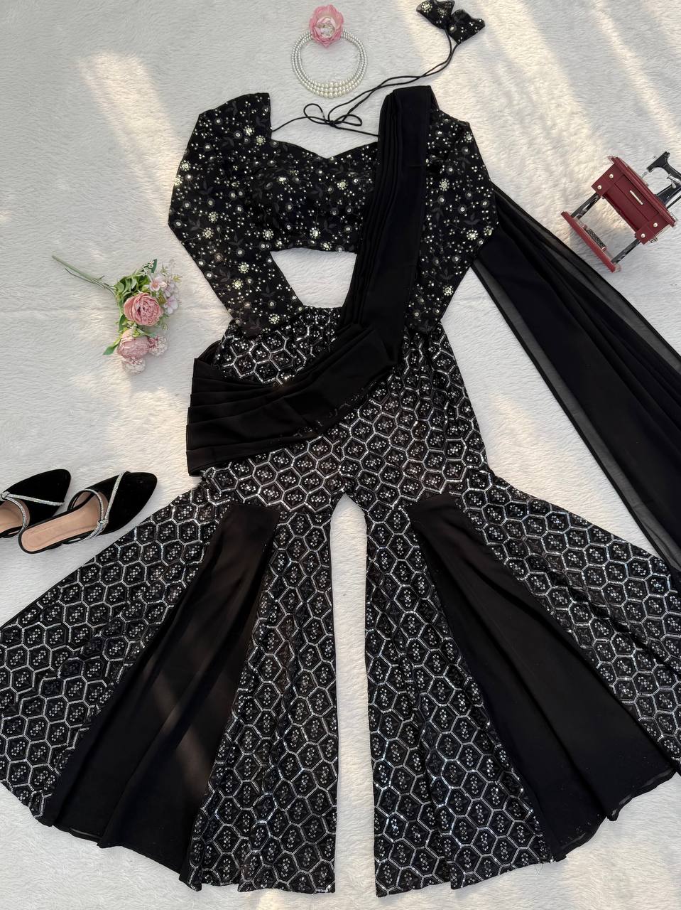Sangeet Wear Black Color Faux Georgette Sequence Embroidered Work Top With Sharara
