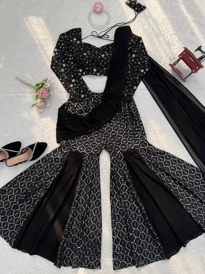 Sangeet Wear Black Color Faux Georgette Sequence Embroidered Work Top With Sharara