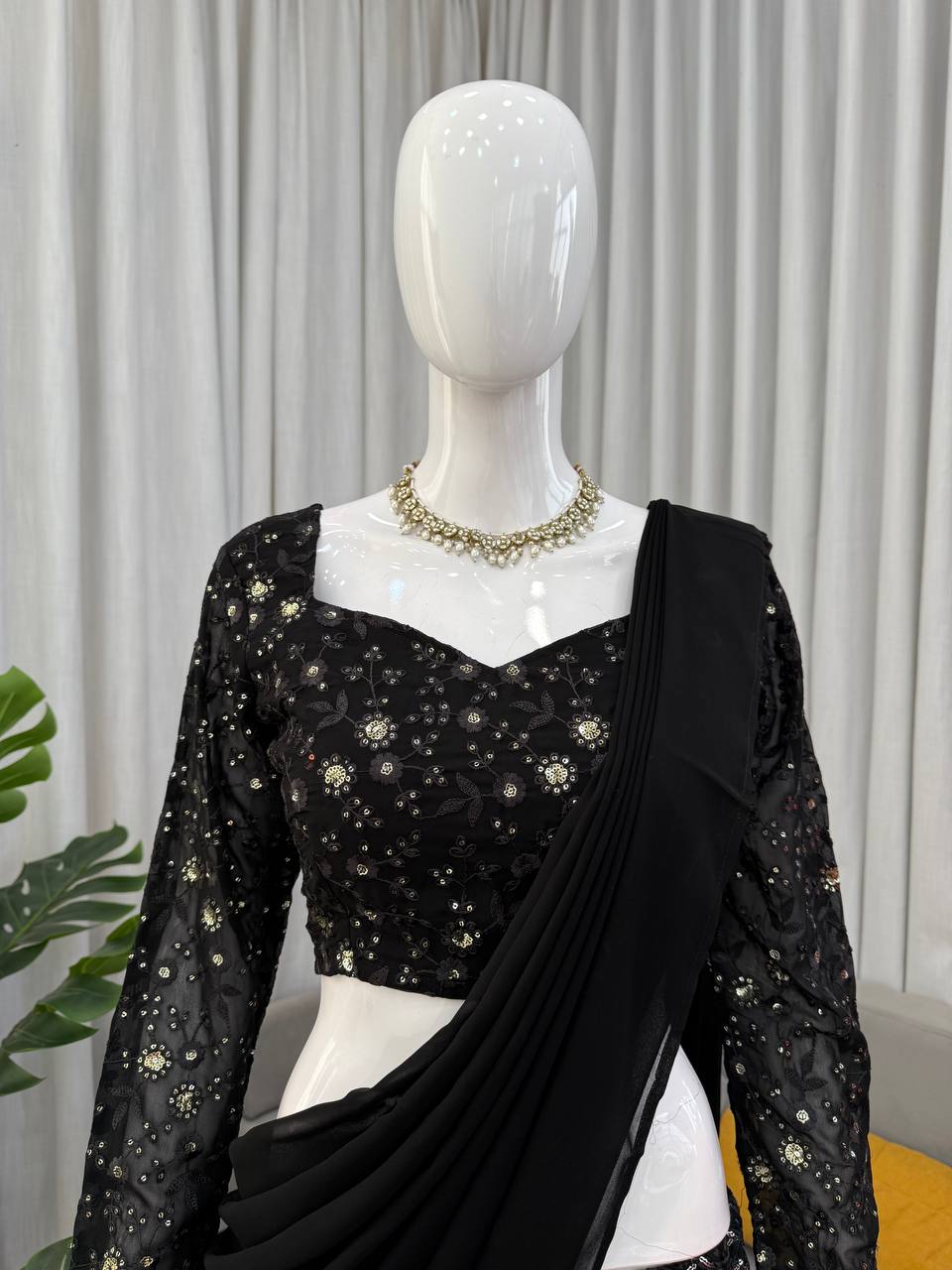 Sangeet Wear Black Color Faux Georgette Sequence Embroidered Work Top With Sharara