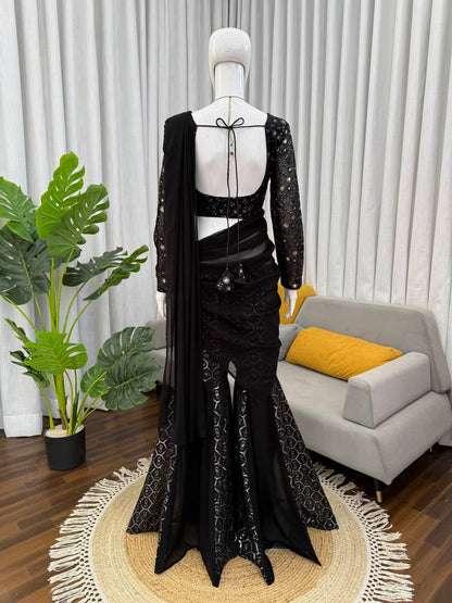 Sangeet Wear Black Color Faux Georgette Sequence Embroidered Work Top With Sharara