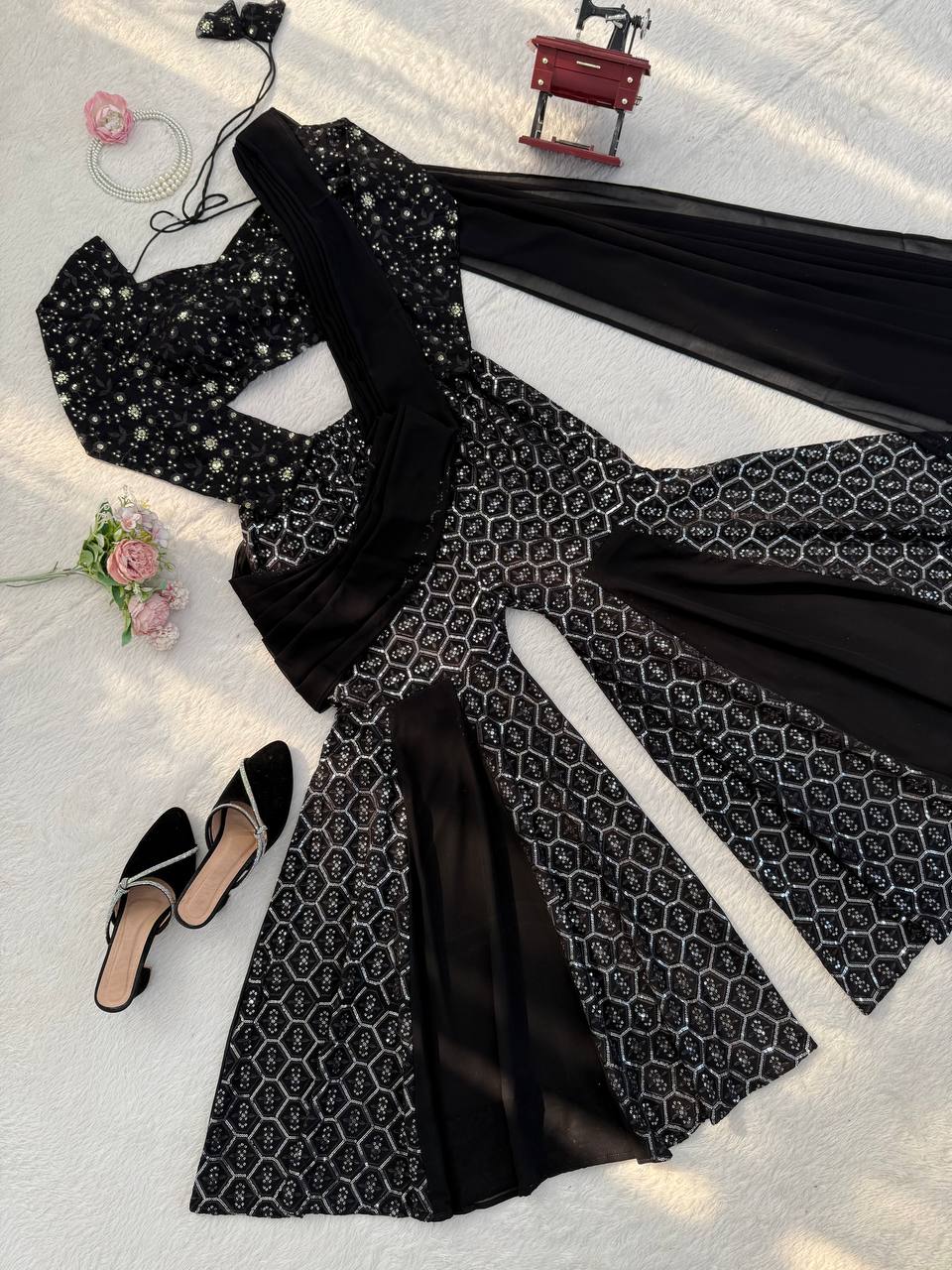 Sangeet Wear Black Color Faux Georgette Sequence Embroidered Work Top With Sharara