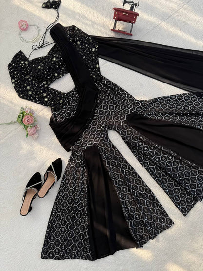 Sangeet Wear Black Color Faux Georgette Sequence Embroidered Work Top With Sharara