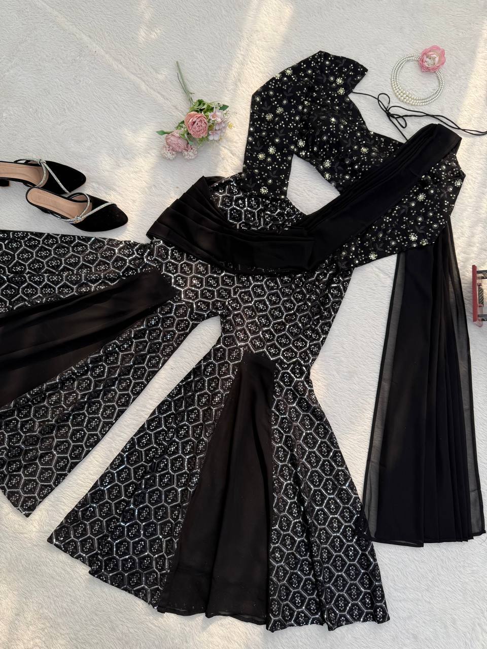 Sangeet Wear Black Color Faux Georgette Sequence Embroidered Work Top With Sharara