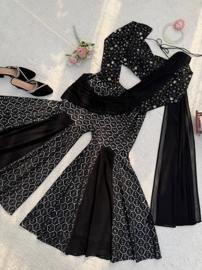 Sangeet Wear Black Color Faux Georgette Sequence Embroidered Work Top With Sharara