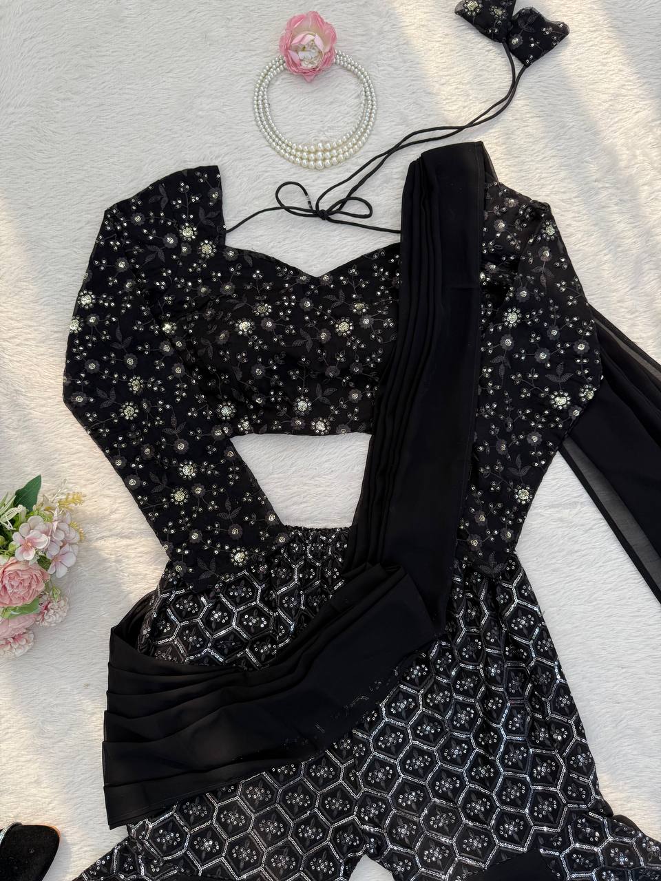 Sangeet Wear Black Color Faux Georgette Sequence Embroidered Work Top With Sharara