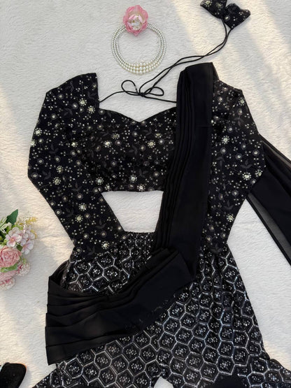 Sangeet Wear Black Color Faux Georgette Sequence Embroidered Work Top With Sharara