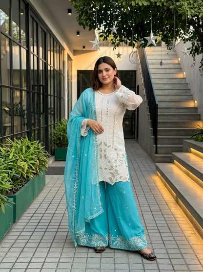 Beautiful Sky Blue Color Heavy Faux Georgette Pearl Moti Handwork Palazzo Suit