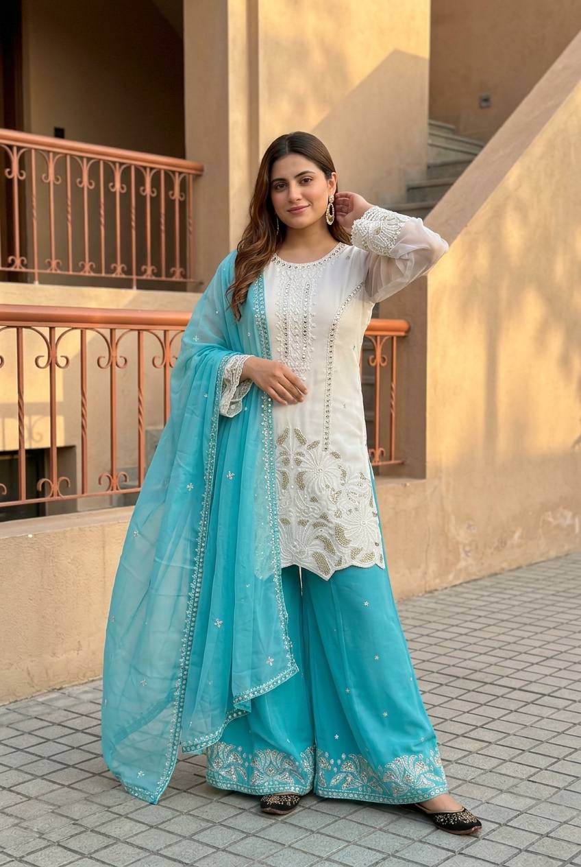 Beautiful Sky Blue Color Heavy Faux Georgette Pearl Moti Handwork Palazzo Suit