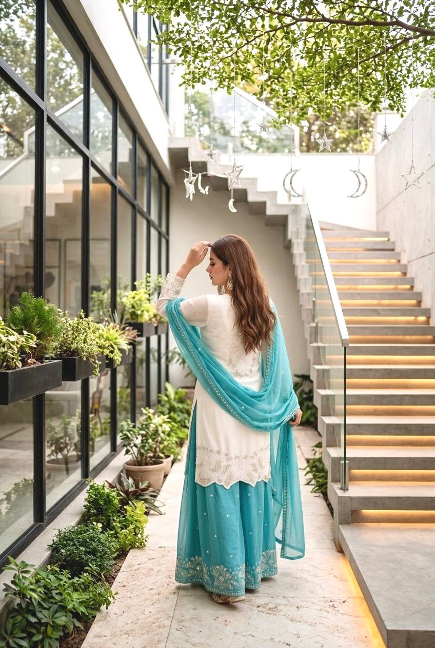 Beautiful Sky Blue Color Heavy Faux Georgette Pearl Moti Handwork Palazzo Suit