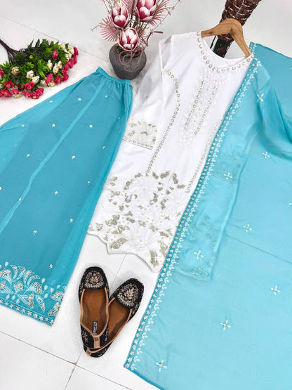 Beautiful Sky Blue Color Heavy Faux Georgette Pearl Moti Handwork Palazzo Suit