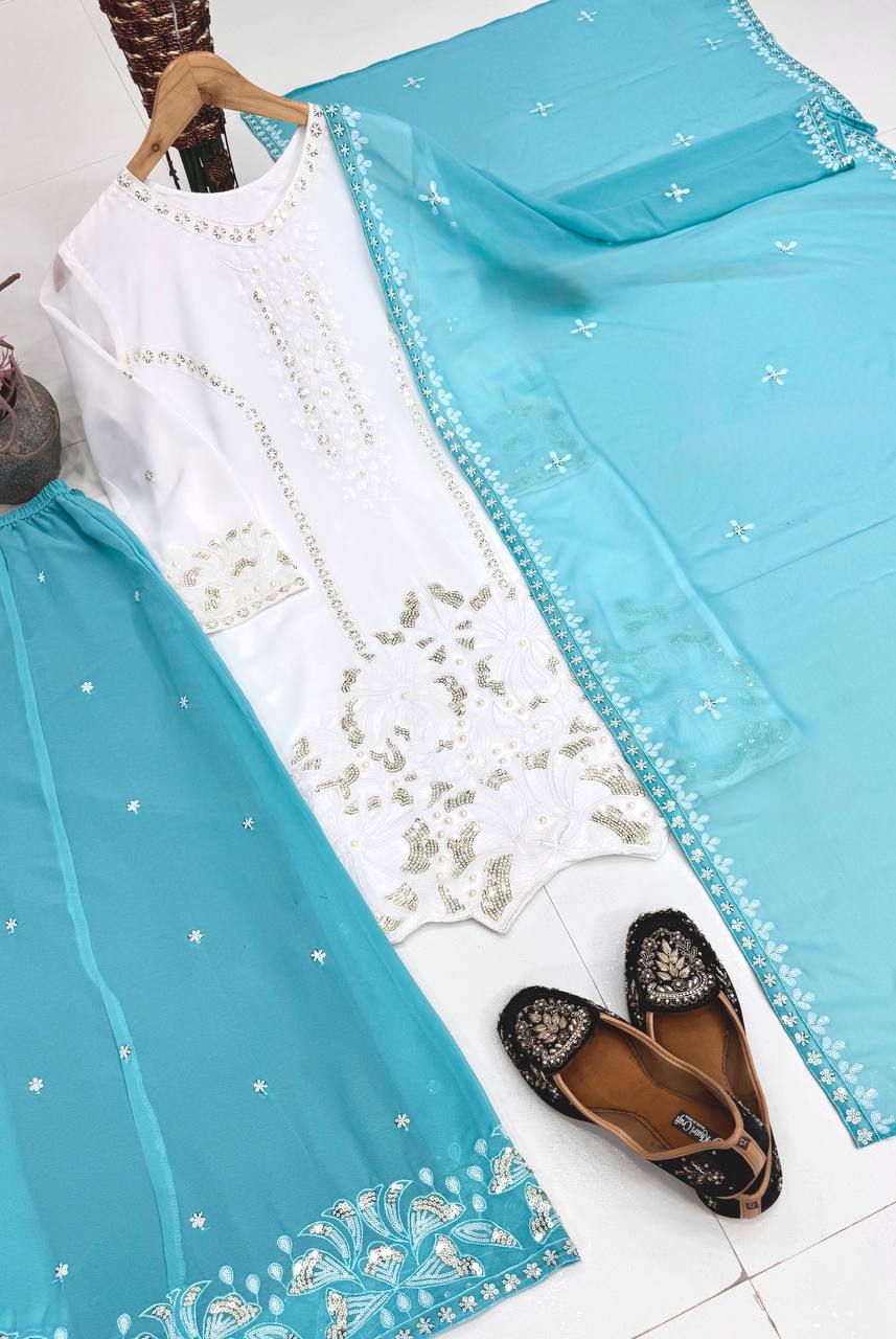 Beautiful Sky Blue Color Heavy Faux Georgette Pearl Moti Handwork Palazzo Suit