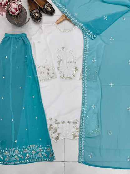 Beautiful Sky Blue Color Heavy Faux Georgette Pearl Moti Handwork Palazzo Suit