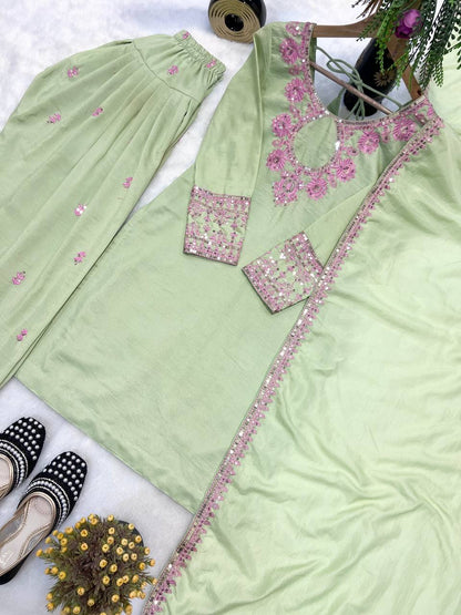 Beautiful Pista Color Embroidered Designer Salwar Suit