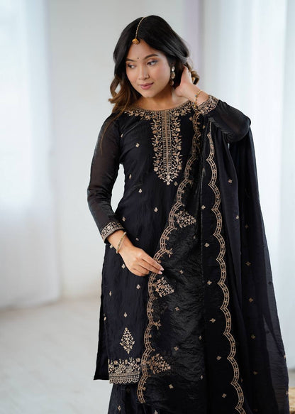 Gorgeous Black Color Embroidered Designer Sharara Suit