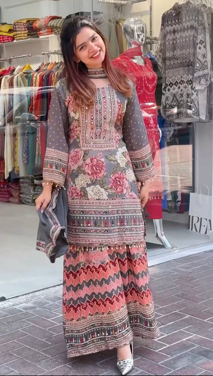 Imposing Multi Color Heavy Faux Georgette Digital Print With Real Mirror Hand Work Palazzo Suit