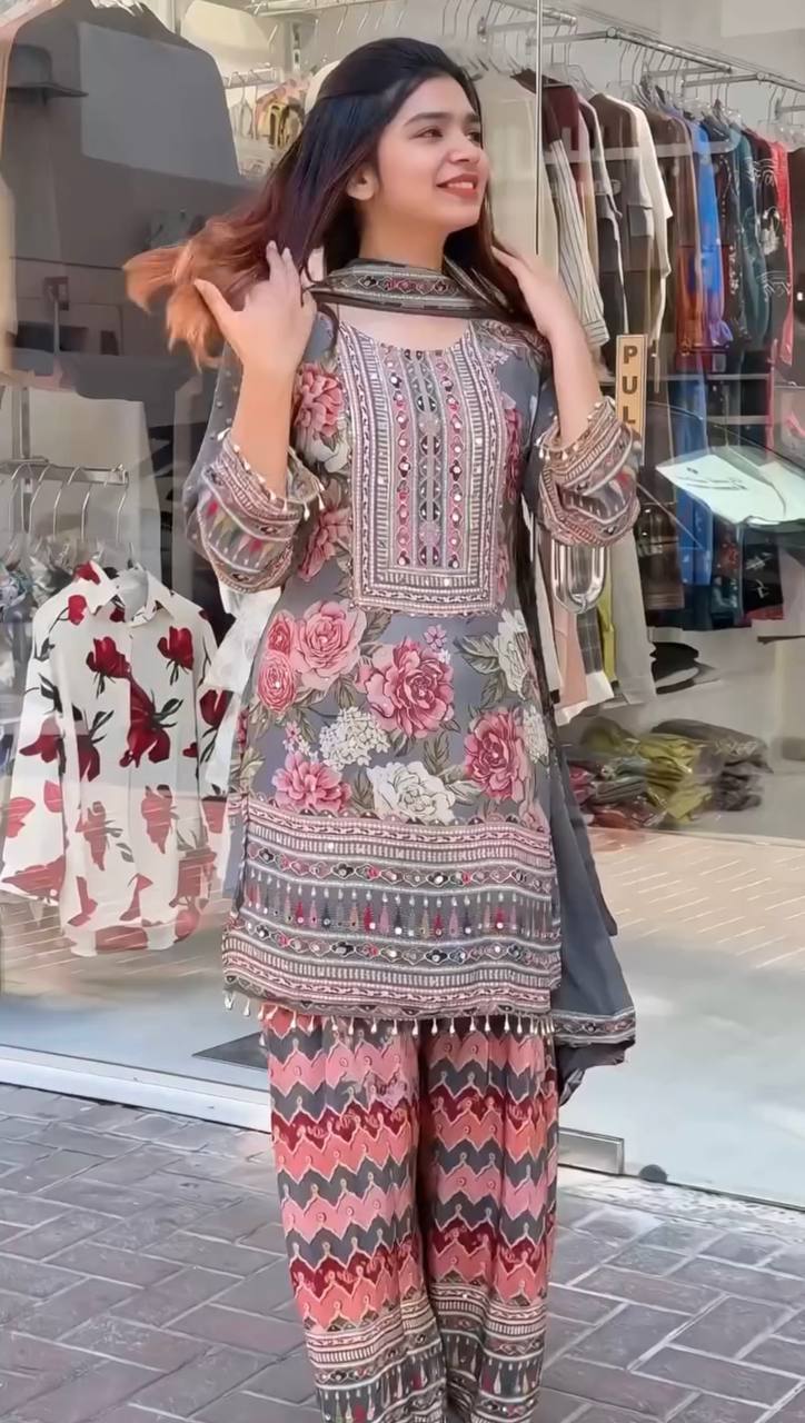 Imposing Multi Color Heavy Faux Georgette Digital Print With Real Mirror Hand Work Palazzo Suit