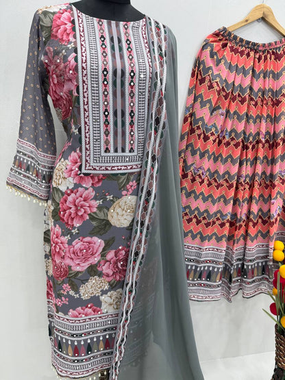 Imposing Multi Color Heavy Faux Georgette Digital Print With Real Mirror Hand Work Palazzo Suit