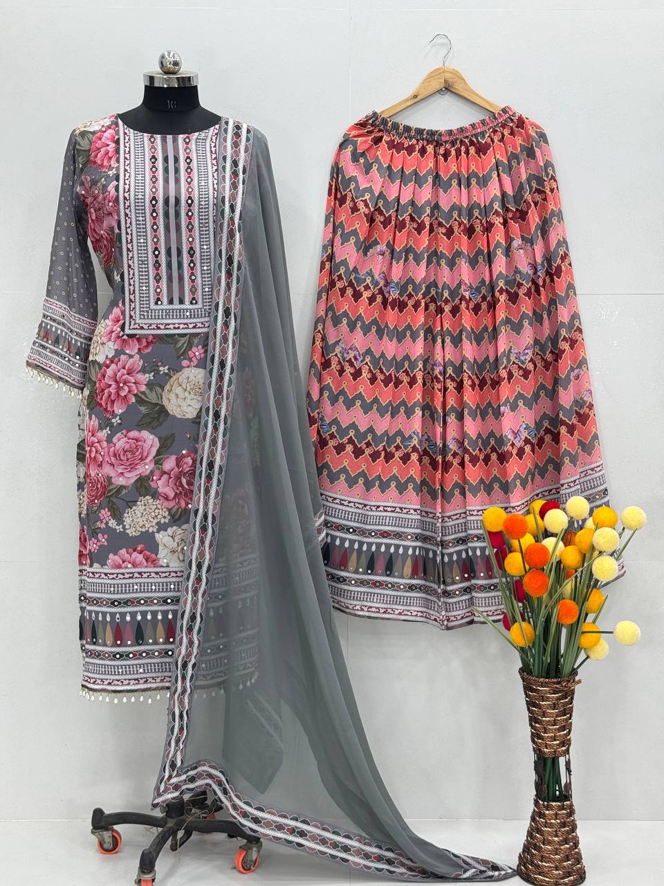 Imposing Multi Color Heavy Faux Georgette Digital Print With Real Mirror Hand Work Palazzo Suit