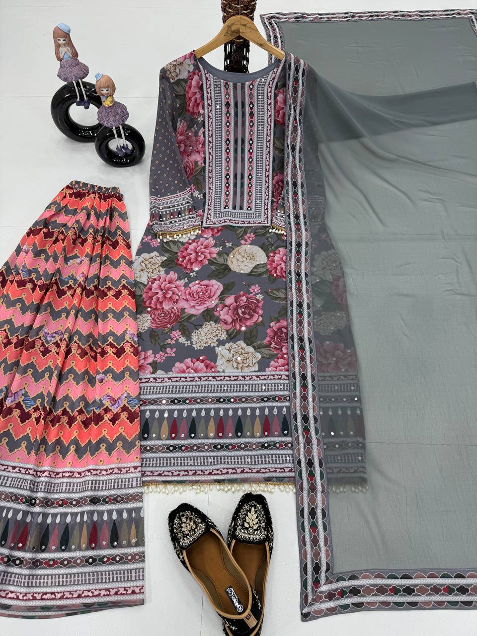 Imposing Multi Color Heavy Faux Georgette Digital Print With Real Mirror Hand Work Palazzo Suit