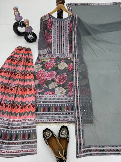 Imposing Multi Color Heavy Faux Georgette Digital Print With Real Mirror Hand Work Palazzo Suit