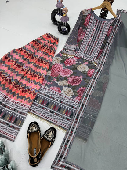 Imposing Multi Color Heavy Faux Georgette Digital Print With Real Mirror Hand Work Palazzo Suit