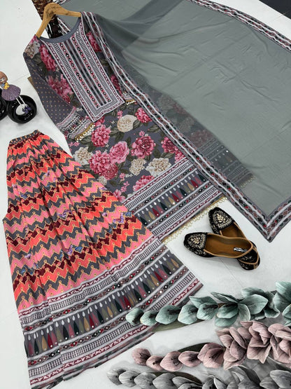 Imposing Multi Color Heavy Faux Georgette Digital Print With Real Mirror Hand Work Palazzo Suit