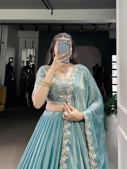 Engagement Wear Light Green Color Zari Shimmer Designer Lehenga Choli