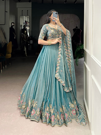 Engagement Wear Light Green Color Zari Shimmer Designer Lehenga Choli