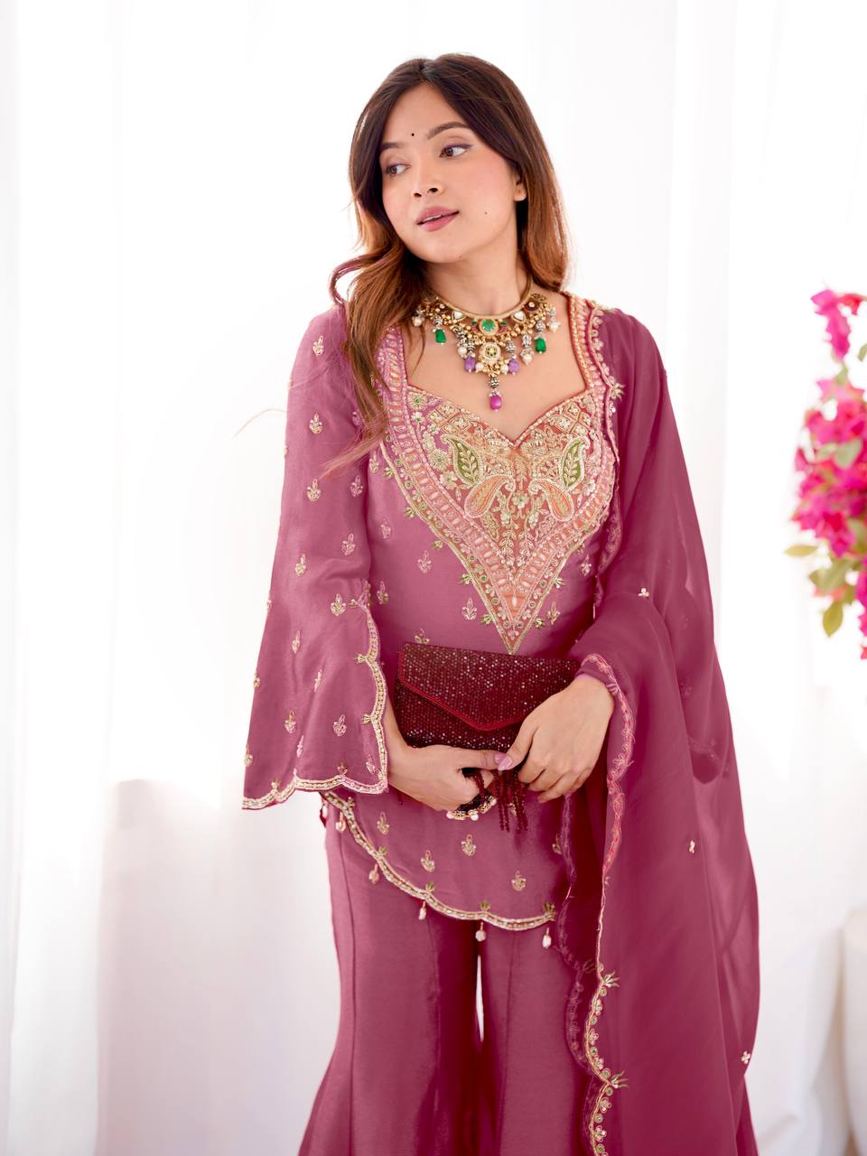 Beautiful Pink Color Embroidered Sequence Palazzo Suit With Dupatta