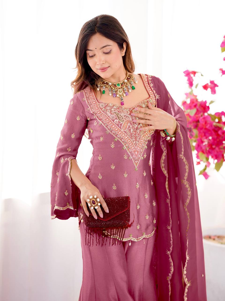 Beautiful Pink Color Embroidered Sequence Palazzo Suit With Dupatta