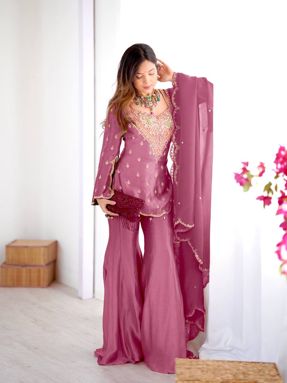 Beautiful Pink Color Embroidered Sequence Palazzo Suit With Dupatta