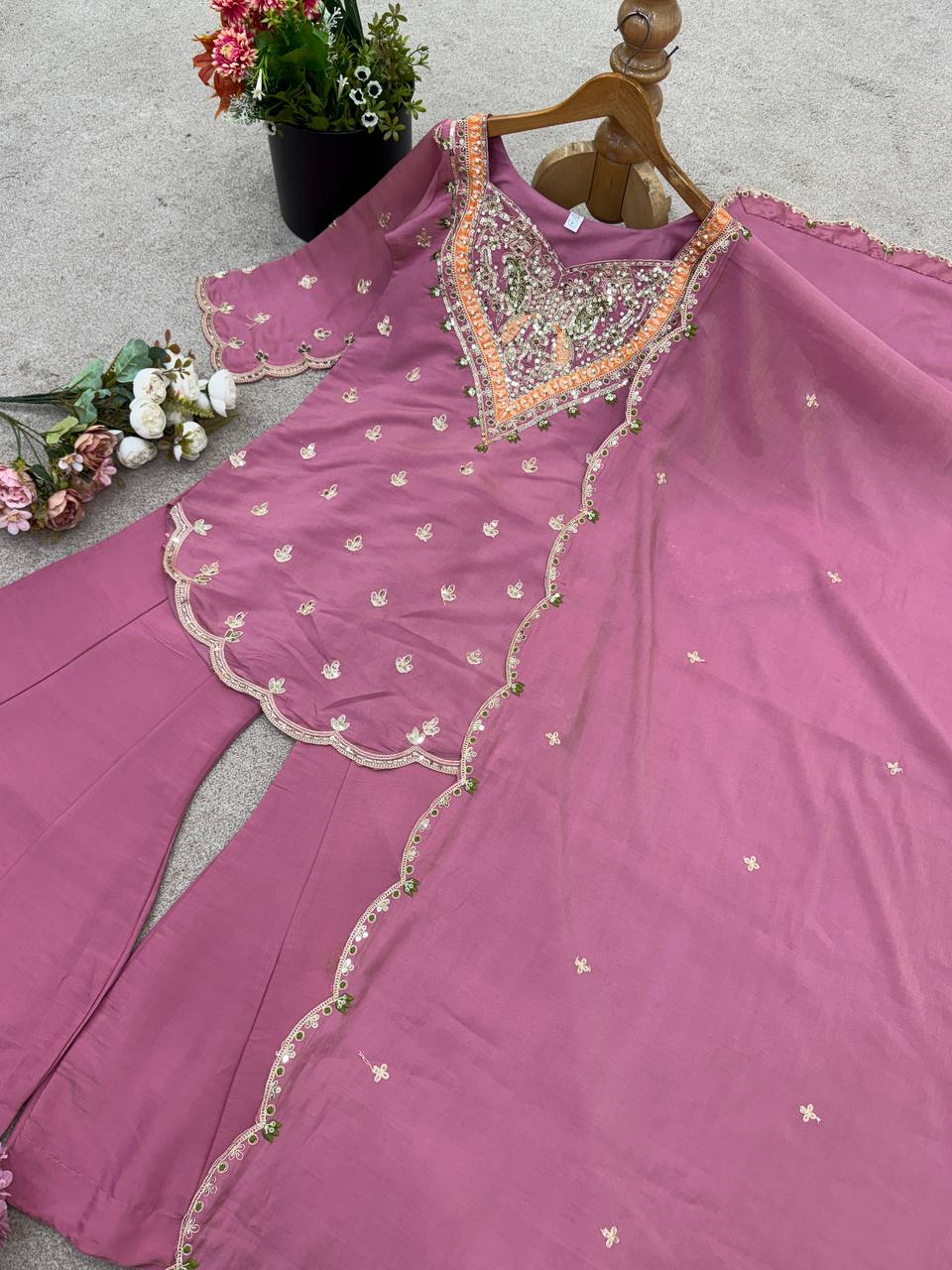Beautiful Pink Color Embroidered Sequence Palazzo Suit With Dupatta
