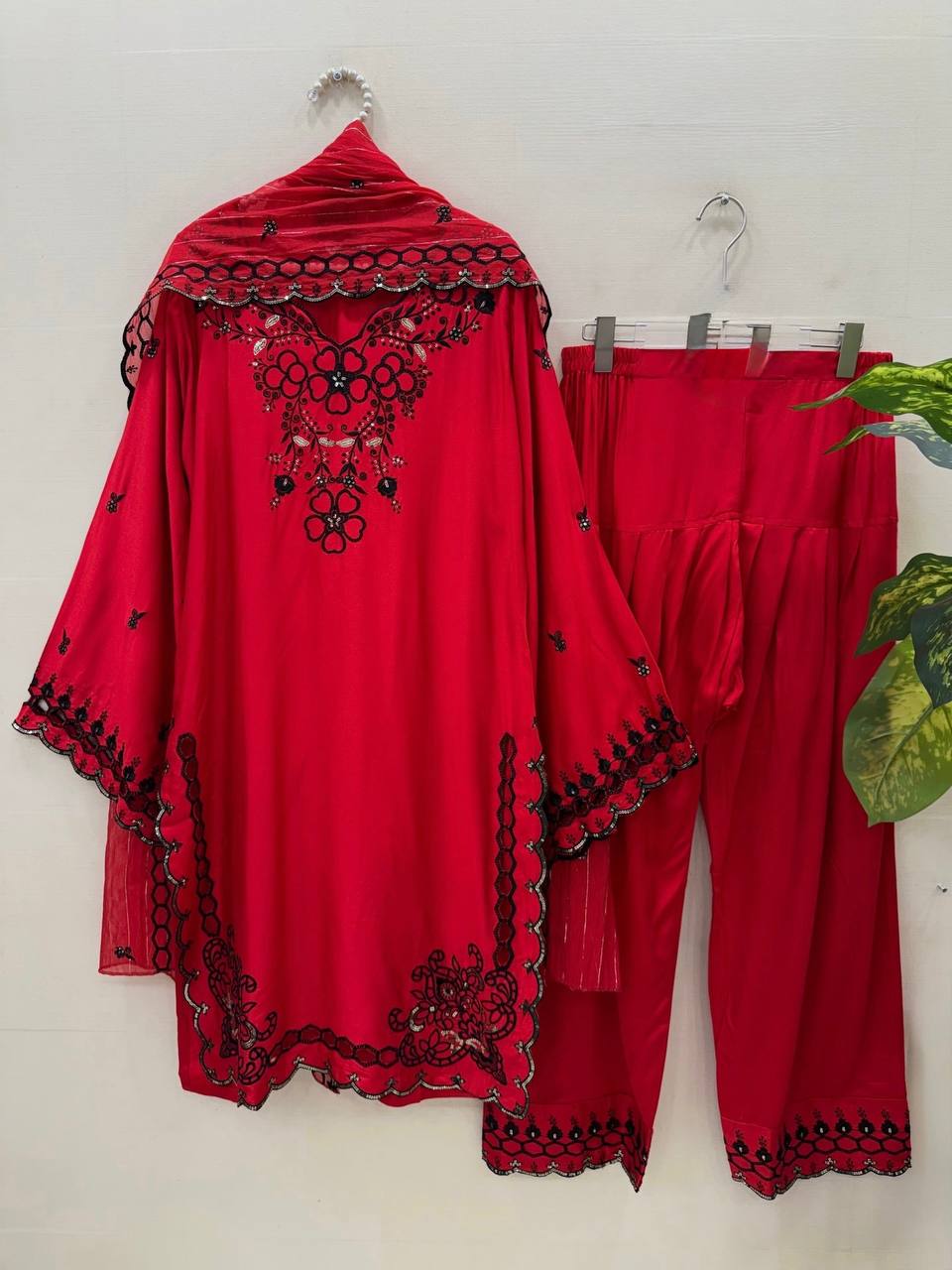 Trendy Red Color Mull Chanderi Thread With Sequence Palazzo Suit