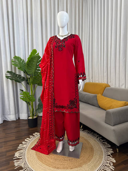 Trendy Red Color Mull Chanderi Thread With Sequence Palazzo Suit