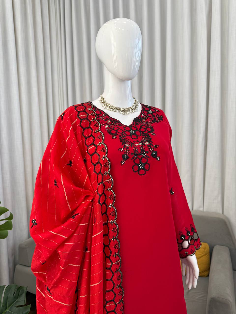 Trendy Red Color Mull Chanderi Thread With Sequence Palazzo Suit