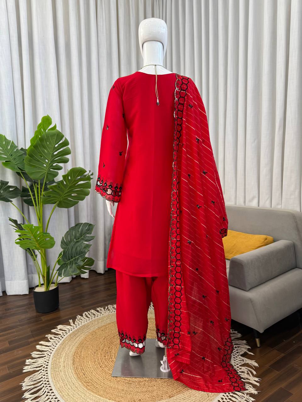 Trendy Red Color Mull Chanderi Thread With Sequence Palazzo Suit