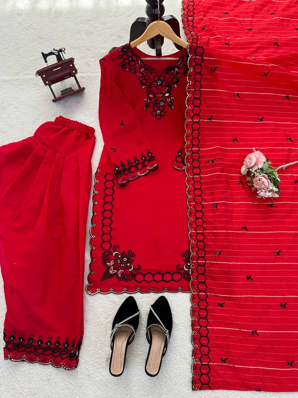 Trendy Red Color Mull Chanderi Thread With Sequence Palazzo Suit