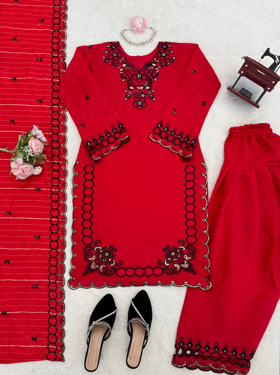 Trendy Red Color Mull Chanderi Thread With Sequence Palazzo Suit