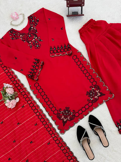 Trendy Red Color Mull Chanderi Thread With Sequence Palazzo Suit