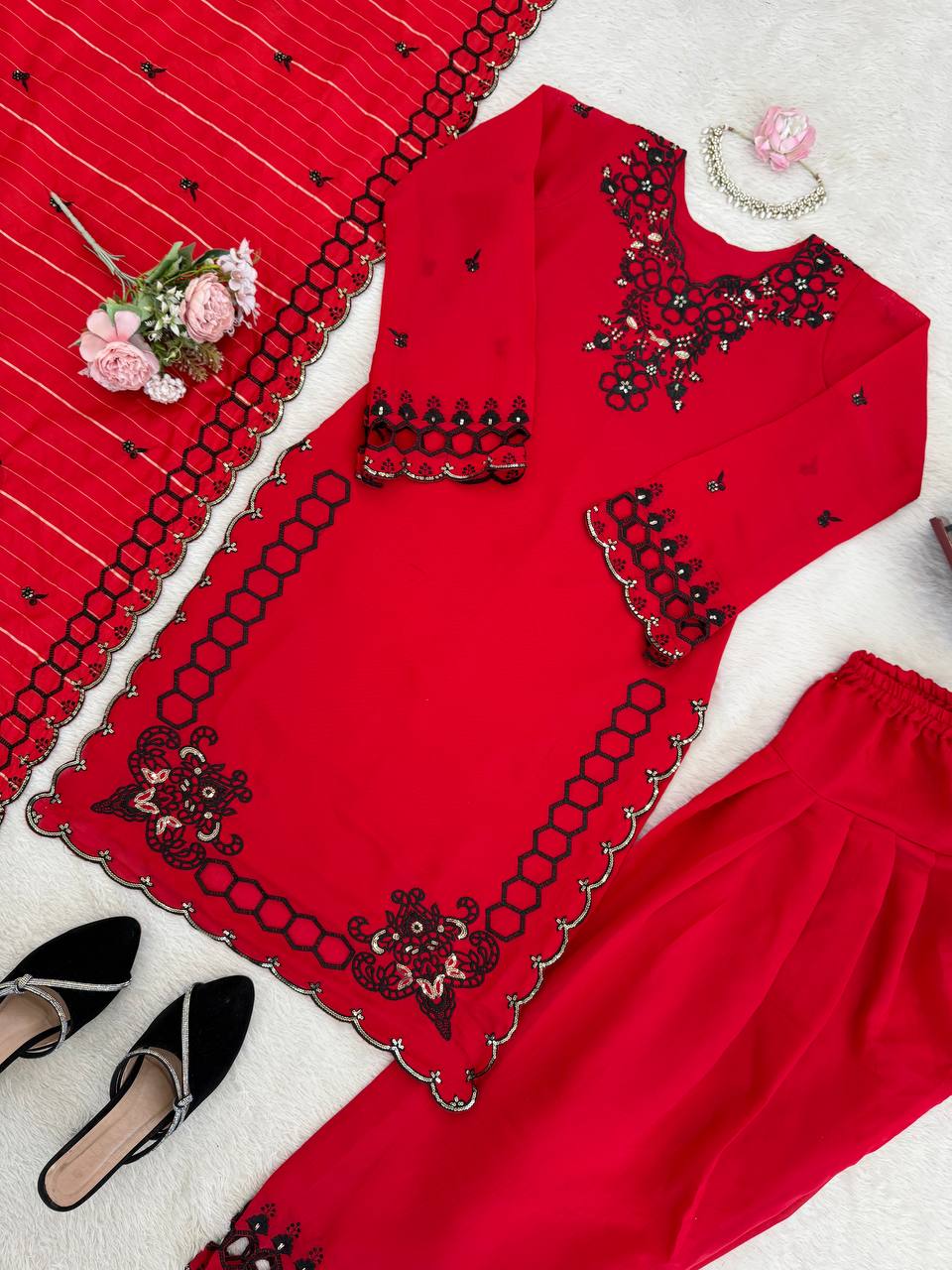 Trendy Red Color Mull Chanderi Thread With Sequence Palazzo Suit
