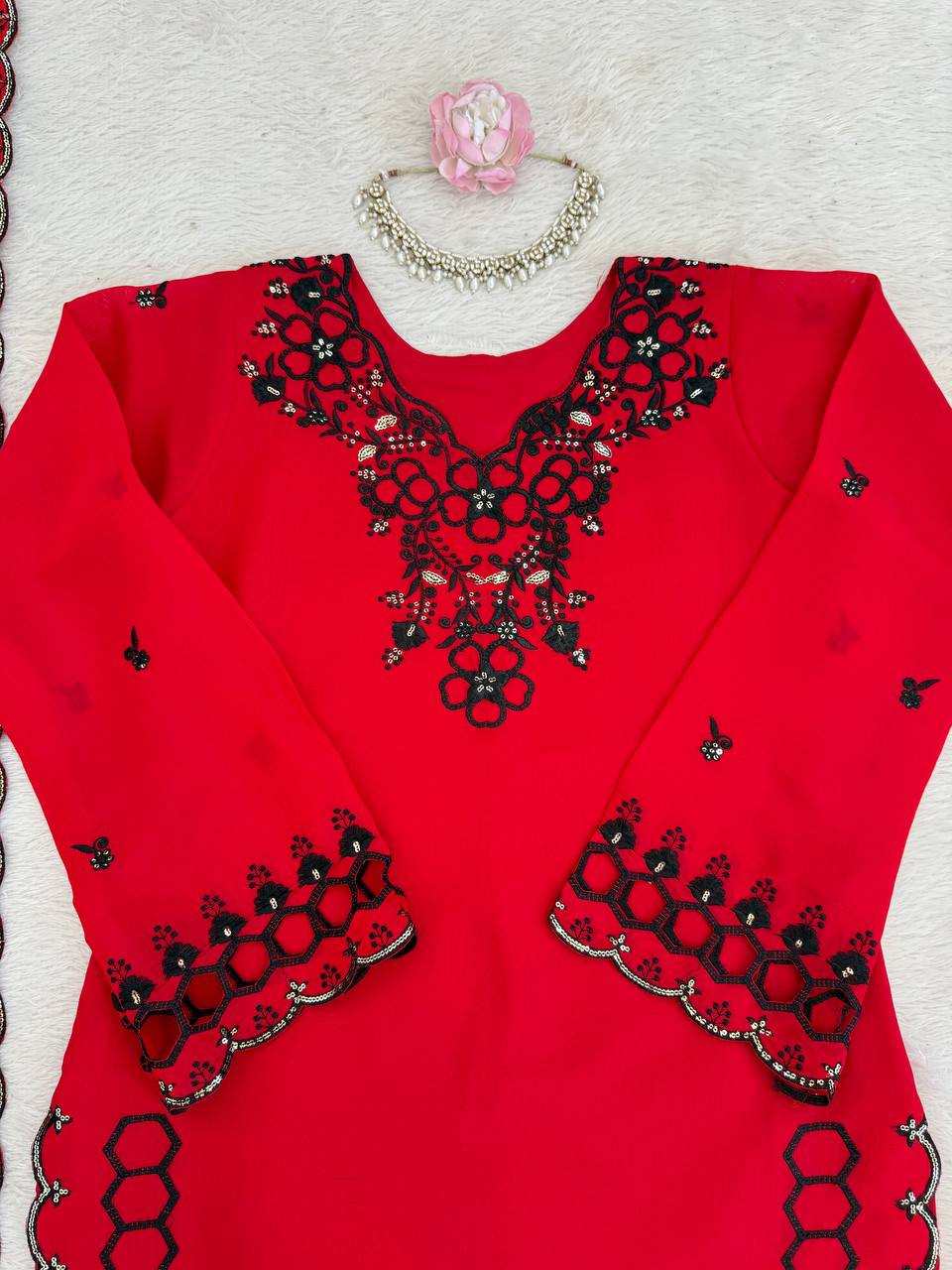 Trendy Red Color Mull Chanderi Thread With Sequence Palazzo Suit
