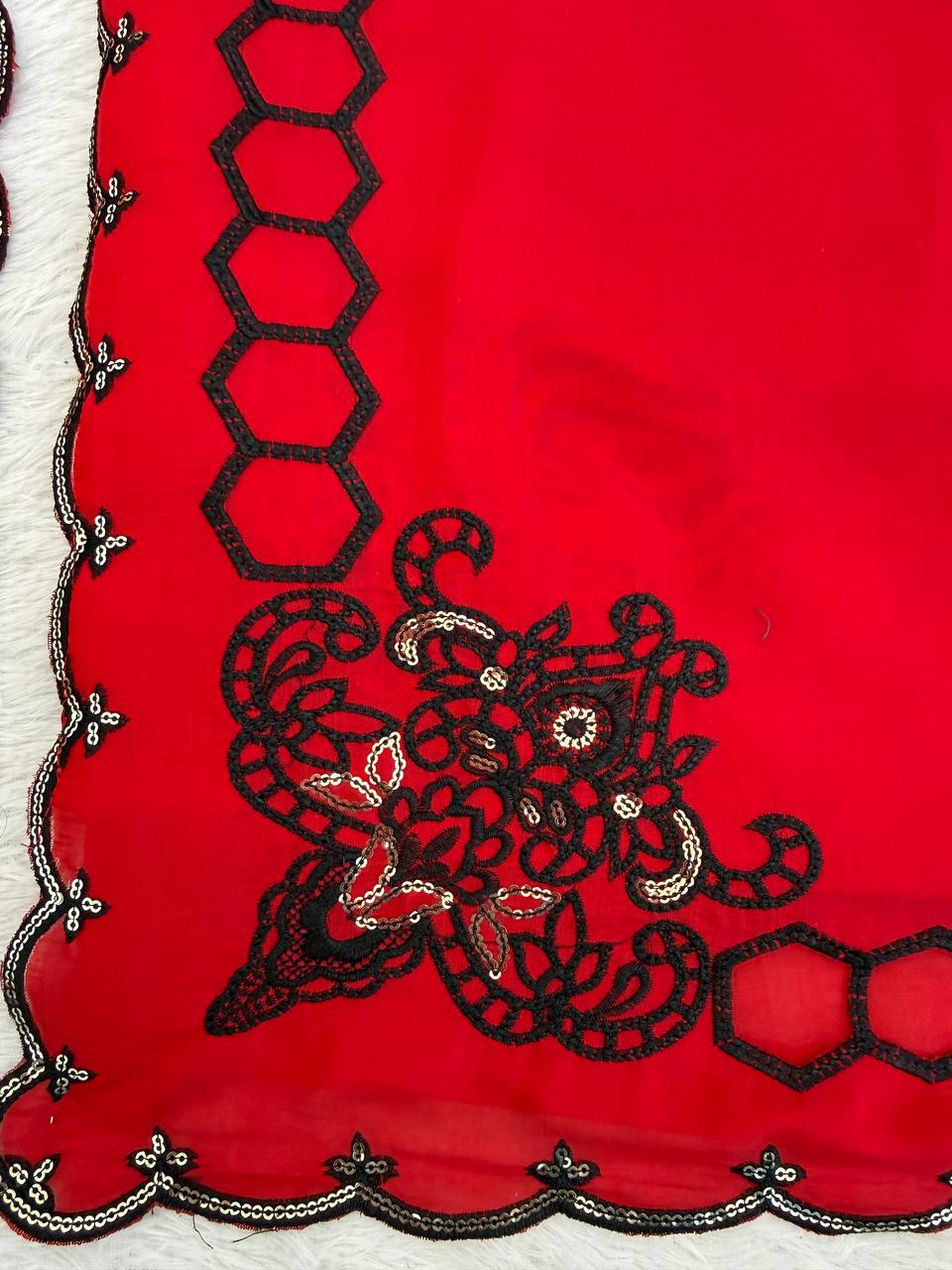 Trendy Red Color Mull Chanderi Thread With Sequence Palazzo Suit