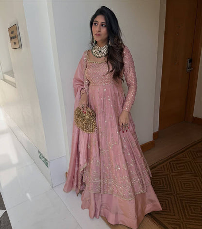 Yankita Kapoor Wear Peach Color Silk Embroidery Sequence Work Lehenga Set
