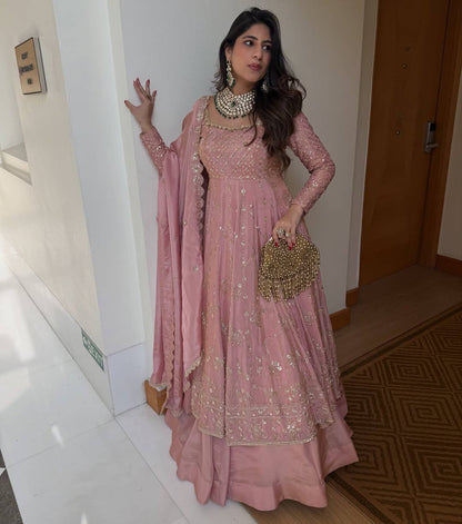 Yankita Kapoor Wear Peach Color Silk Embroidery Sequence Work Lehenga Set