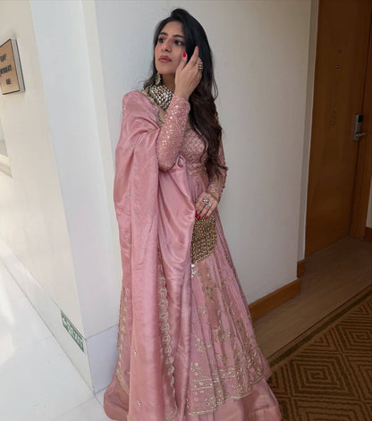 Yankita Kapoor Wear Peach Color Silk Embroidery Sequence Work Lehenga Set