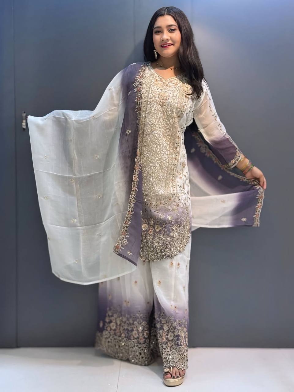Pretty White Purple Color Sequence Embroidered Palazzo Suit