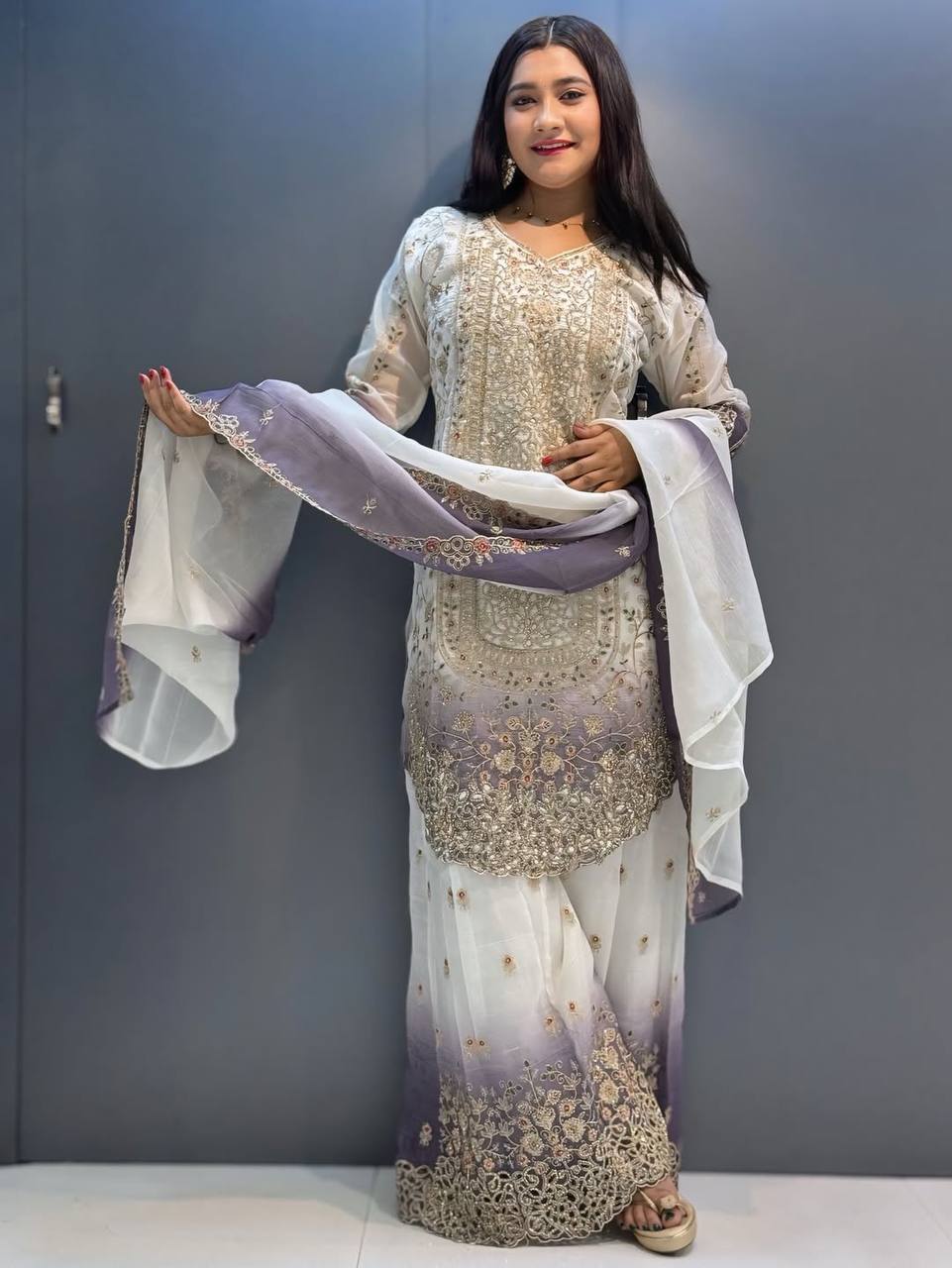 Pretty White Purple Color Sequence Embroidered Palazzo Suit